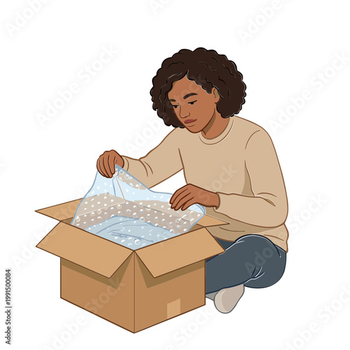 A woman excitedly unpacks a gift box containing wrapped presents.