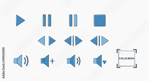 Minimalist blue media player icon set, flat vector video control buttons, play pause stop and volume symbols for web interface design