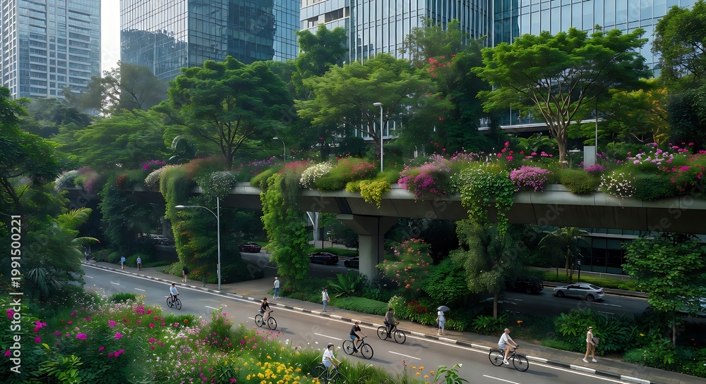 Obraz premium Cyclists and cars navigate a vibrant, eco-friendly urban landscape with elevated green infrastructure and lush flowering plants, against modern skyscrapers.