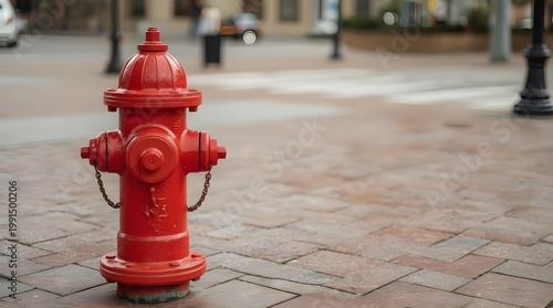A bright red fire hydrant is positioned on a brick-paved surface in an outdoor urban setting. The hydrant features a classic cylindrical shape with multiple side nozzles and a domed top.
