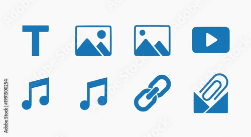Blue multimedia icon set with 8 vector elements, digital content symbols for text image video and audio, flat web interface buttons for file attachments