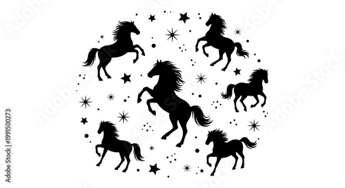 Horses silhouette set with stars and celestial elements in black and white featuring night sky, equine, animals with vector and illustration elements