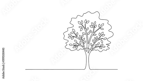 Continuous single line drawing of a leafy tree on a horizontal line. Continuous line style. Hand drawn. Line art. Vector design. illustration