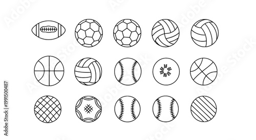 Ball set with stitched football, basketball, soccer and volleyball icons in clean outline style for sports branding