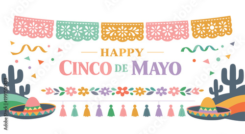 Joyful cinco de mayo illustration featuring papel picado banners, sombreros, and cacti. Colorful Mexican celebration with festive elements and floral decor.