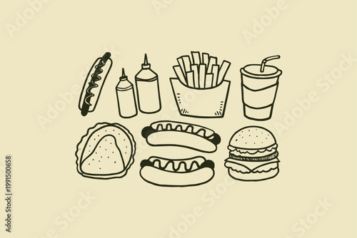 Hand-drawn collection of fast food items including a hamburger hot dogs french fries soda condiments with hot dog junk food street food burger bun food icon american food quick meal