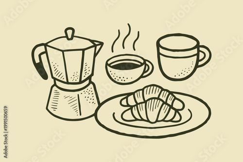 Hand-drawn illustration of a breakfast set with a moka pot a cup of coffee a croissant on a plate baked goods food and drink line art flat design breakfast croissant beverage