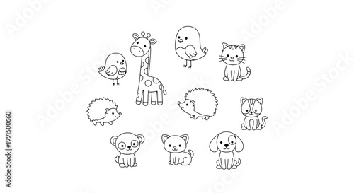 Animals cartoon set with various cute creatures including giraffe, hedgehog, and cat featuring dog, bird, whale with monkey and drawing elements for