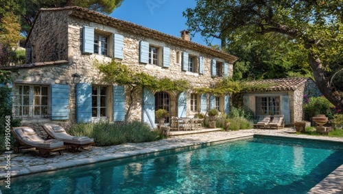 A charming stone house with blue shutters sits nestled amongst lush greenery, featuring a sparkling swimming pool and inviting outdoor seating area.