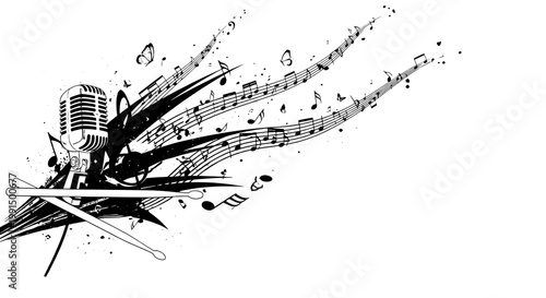 Microphone with musical notes and sound waves in artistic illustration featuring black and white, vector, music with performance and singing elements