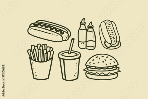 Hand-drawn arrangement of fast food items: hamburger hot dogs french fries soda cup condiment bottles with hot dog junk food street food burger bun food icon american food quick meal