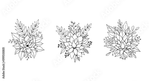 Flower mandala line art set with detailed petals, leaves, and decorative botanical sprigs in minimalist monochrome style