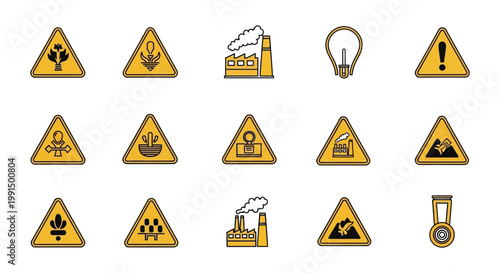 Collection of black and yellow warning signs depicting electrical and explosion hazards