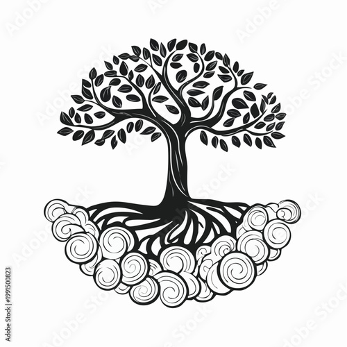 Black and white tree growing upside down from clouds toward ground, reverse world concept