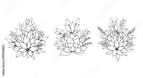 Floral wreath line icons with delicate leaves and blossoms, decorative botanical elements for invitations, posters, and branding