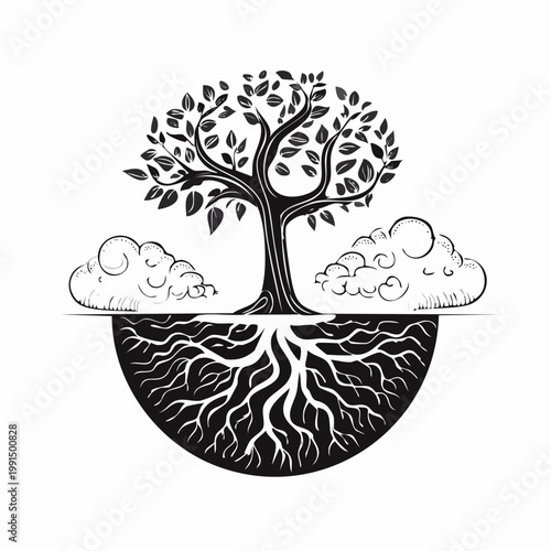 Black and white tree growing upside down from clouds toward ground, reverse world concept