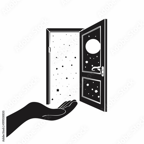 Black and white hand opening like a door revealing universe inside, hidden dimension concept