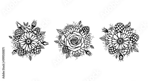 Flower floral ornament set with engraved linework, rosette petals and filigree leaves for vintage tattoo design