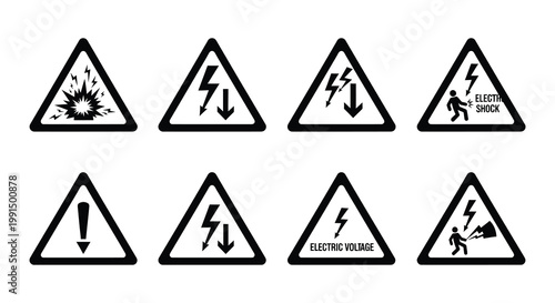 Collection of black and yellow warning signs depicting electrical and explosion hazards