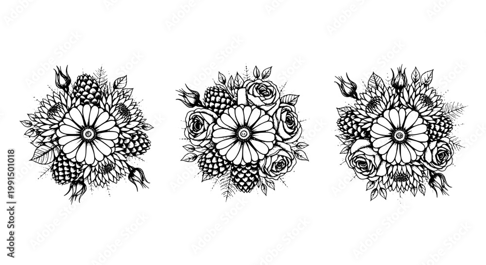 Obraz premium Flowers intricate hand-drawn set with detailed floral designs and ornate patterns featuring nature, art, illustration with black and white and doodle