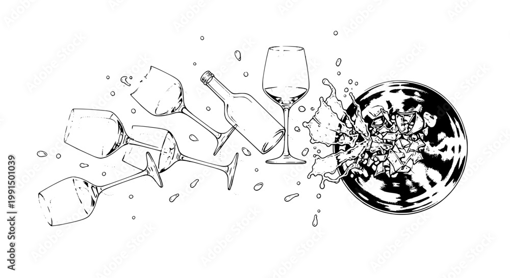 Obraz premium Glass wine bottle splash spray with cracked ice and scattered shards, black and white line art icon for barware