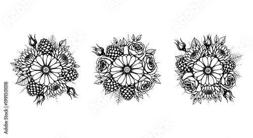 Flowers intricate hand-drawn set with detailed floral designs and ornate patterns featuring nature, art, illustration with black and white and doodle