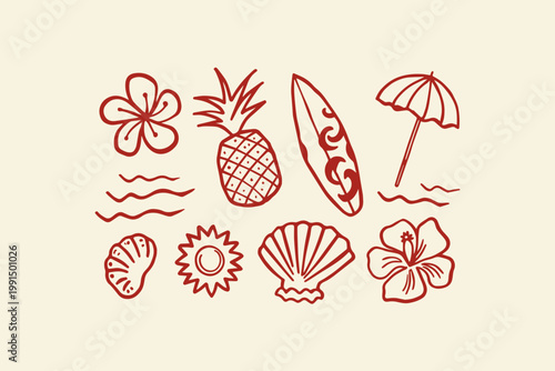 Beach vacation icons: pineapple surfboard seashells flowers sun and sea with hand drawn white background vacation pineapple surfboard seashells tropical collection illustration