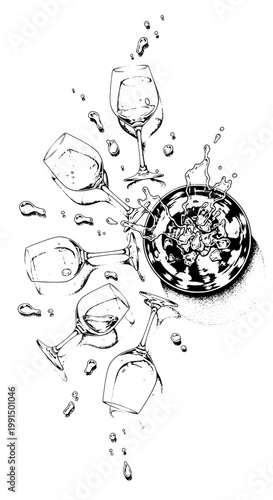 Glass wine set with ice bucket and splashing water in black and white featuring illustration, drinkware, party with celebration and elegant elements