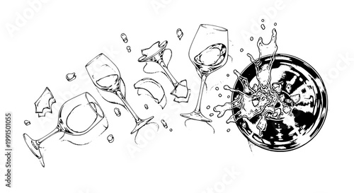 Glass wine set with shattered pieces and splashing liquid illustration featuring broken, drink, beverage with alcohol and party elements for