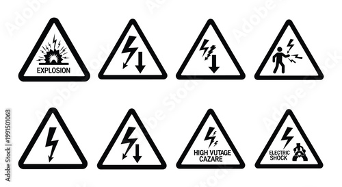 Collection of black and yellow warning signs depicting electrical and explosion hazards