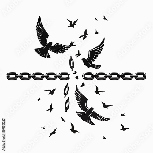 Black and white broken chain transforming into flying birds, freedom and release concept