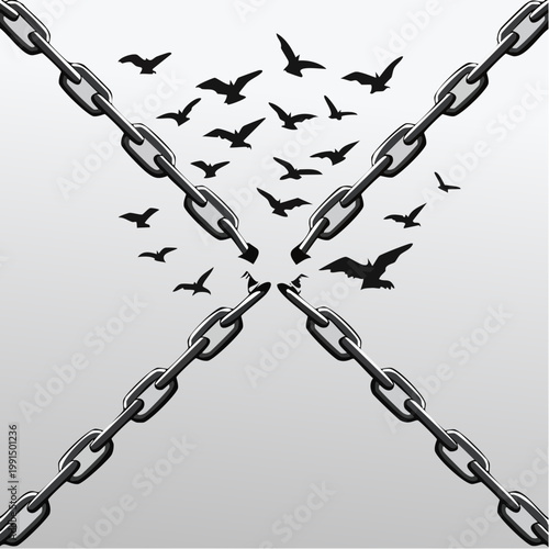 Black and white broken chain transforming into flying birds, freedom and release concept