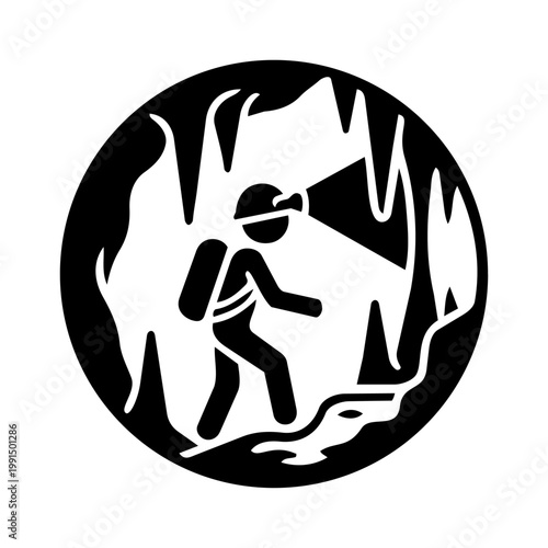 Black and white circular icon depicting a person exploring a cave with a headlamp and backpack