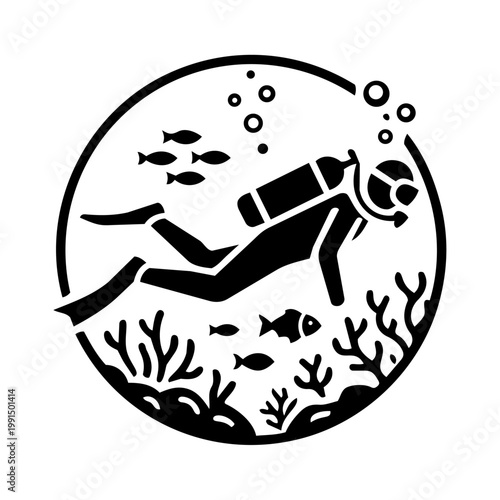 Black and white circular illustration of a scuba diver exploring a coral reef with fish