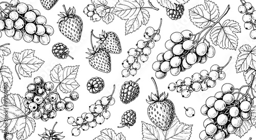 Berries and grapes illustration with detailed line art and leaves featuring strawberries, blackberries, raspberries with fruit and nature elements