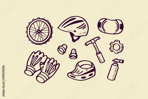 Hand-drawn bicycle accessories and equipment set with sporting goods outdoor activity active lifestyle sports equipment accessory transportation recreation transport