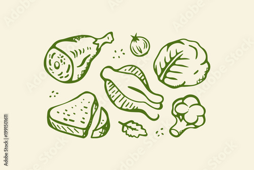 Hand-drawn assortment of fresh food ingredients with food and drink ingredients healthy eating vegetables nutrition illustration isolated collection appetite supermarket shopping