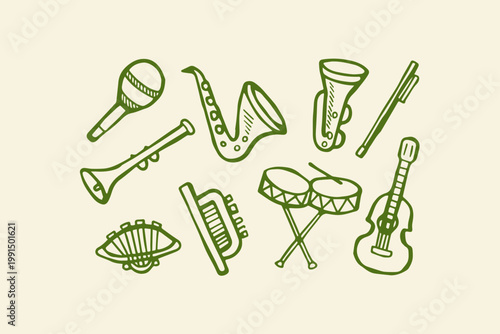 Hand-drawn collection of musical instruments with instrument performance orchestra classical entertainment illustration isolated collection saxophone keyboard acoustic woodwind