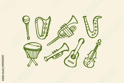 Hand-drawn assortment of musical instruments with instrument performance orchestra classical entertainment illustration isolated collection saxophone woodwind percussion acoustic