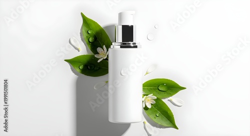 A white cosmetic bottle surrounded by green leaves and water droplets on a clean surface