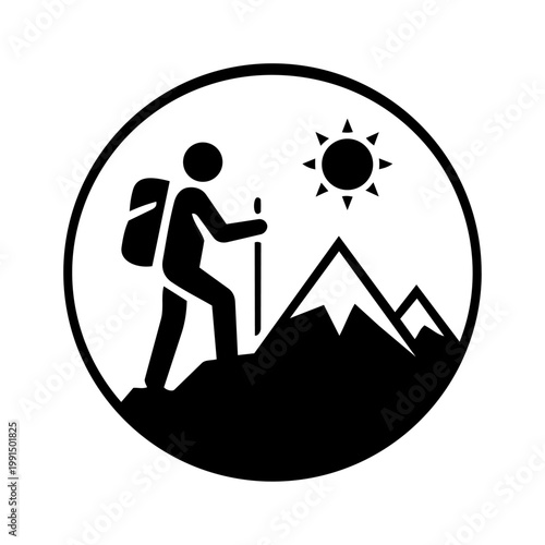 Minimalist circular icon of a person with a backpack hiking up a mountain under the sun