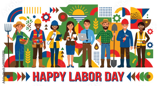 Diverse group of workers from different professions celebrating labor day. Illustration showing community unity and appreciation for all jobs. Festive design with bright colors.