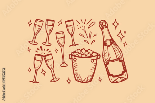 Celebratory hand-drawn illustrations of champagne bottle ice bucket clinking glasses with sparkles and fireworks on a peachy background design element celebration champagne