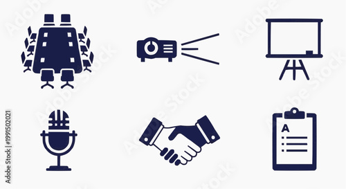 Business conference icon set, professional meeting and seminar symbols, corporate presentation and partnership vector elements for office events