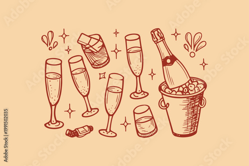Champagne bottle and glasses celebratory drinks sparkling effects with ice bucket hand drawn champagne celebration festivity sparkling cocktail alcoholic beverage occasion isolated