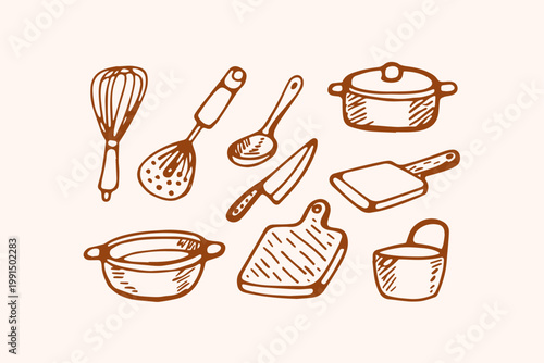 Doodle illustration of kitchen utensils including a whisk saucepan knife cutting board bowls with food preparation line art hand drawn cooking tools home cooking kitchen gadgets