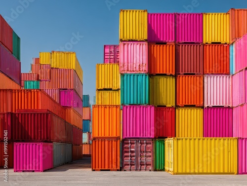 A vibrant and colorful arrangement of shipping containers creates a striking visual pattern against a clear blue sky.