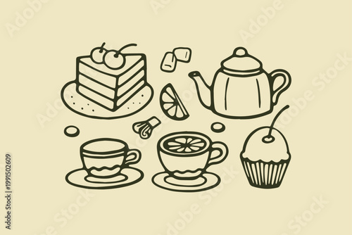 Hand-drawn illustration of a tea party spread with cake cupcake teapot two cups of tea with lemon slices tea time tea cup lemon slice sweet food afternoon tea sugar cubes bakery items