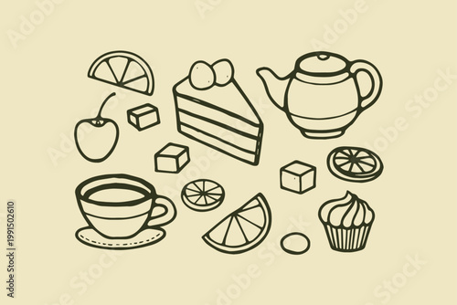 Hand-drawn collection of desserts and tea time items including cake cupcake teapot fruit slices with tea cup lemon slice sweet food coffee cup afternoon tea sugar cubes sweet treat
