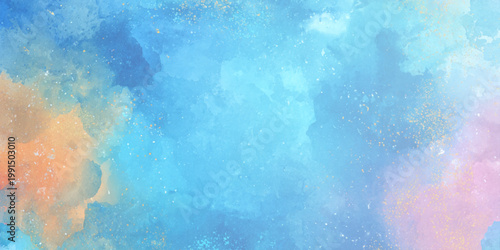 Vibrant abstract watercolor background with blue, Orange, And pink hues and gold specks for creative design projects and artistic use
